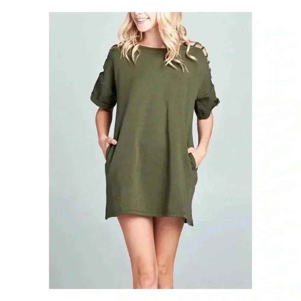 🆕Velzera Olive Pocket Cutout Tunic Dress M🆕